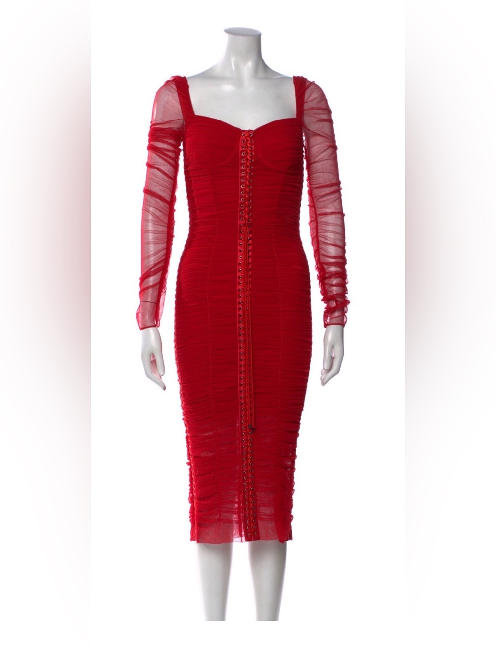 Red Ruched Long-Sleeve Sheer Midi Dress